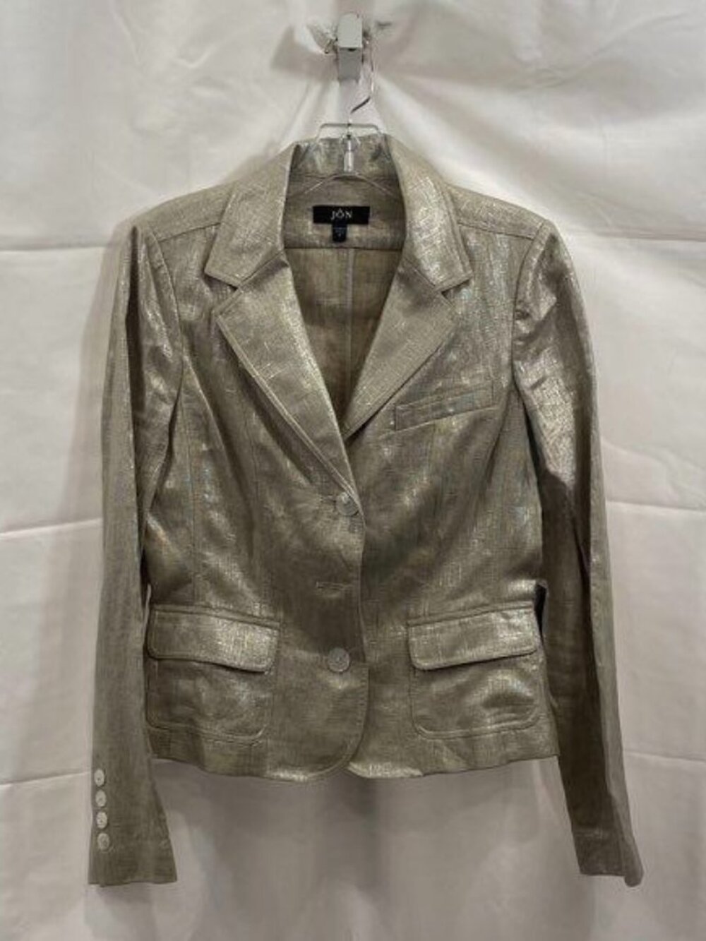 JON Metallic Beige Silver Linen Blend Two Button Tailored Blazer Womens 8